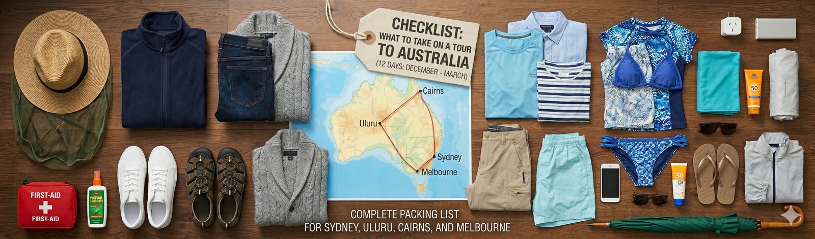 Clothing checklist for the Australian tour route Sydney Uluru Cairns Melbourne — packing flat-lay with map