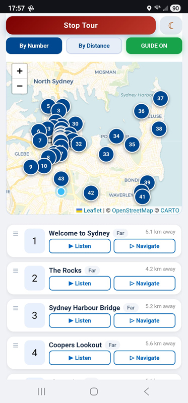 Audio tour app screenshot with landmarks and GPS