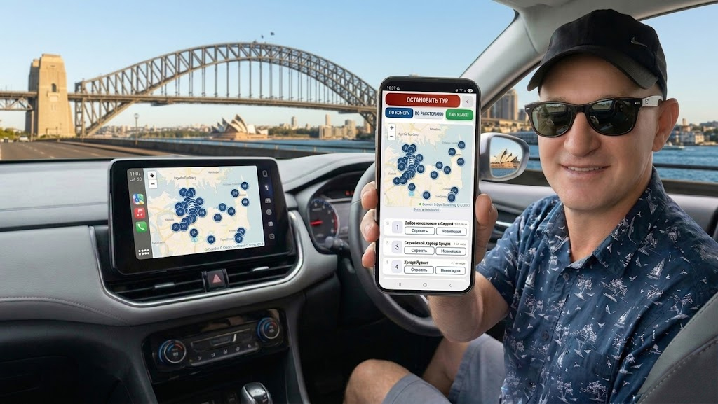 Sydney audio tour in action - driving past Harbour Bridge