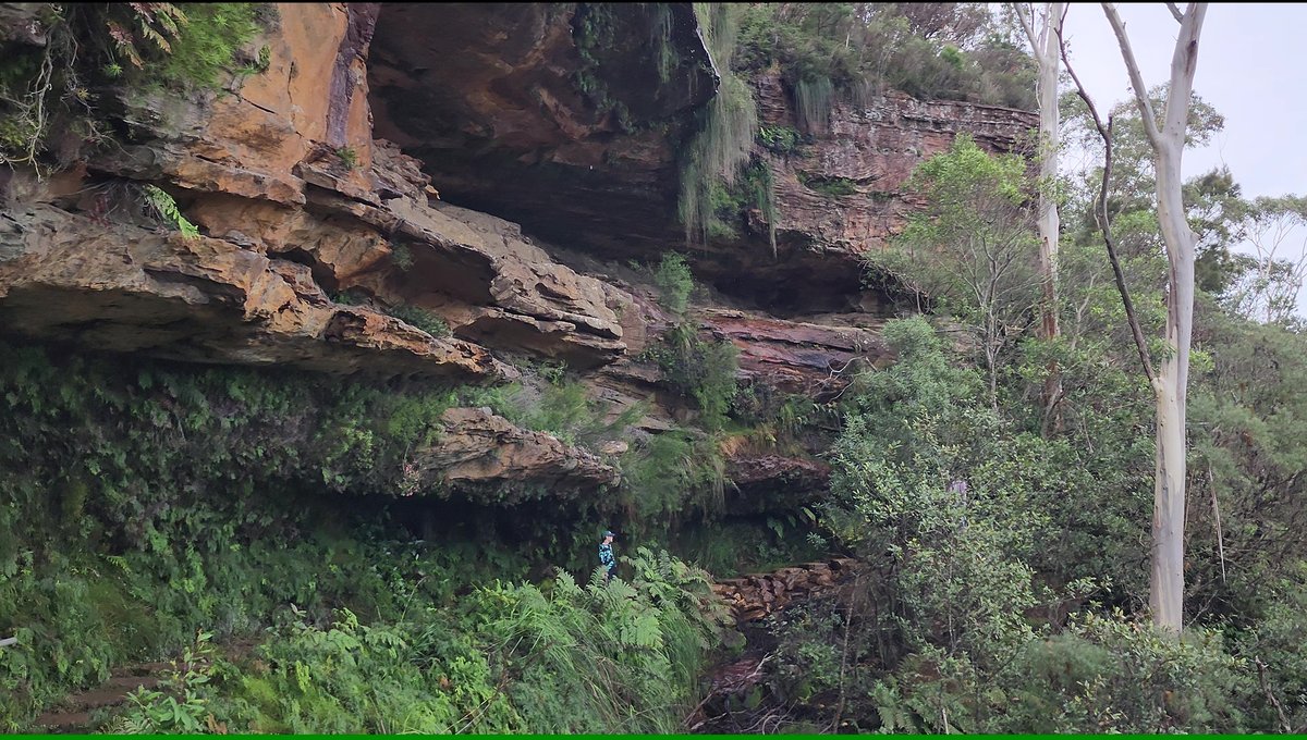 Hiker beneath sandstone cliff on the Wentworth Falls track