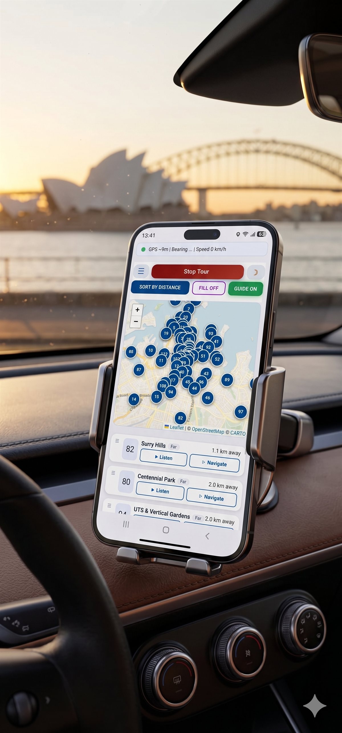 Sydney Audio Tour Web App on smartphone — Sydney Harbour Bridge and Opera House view through the windshield
