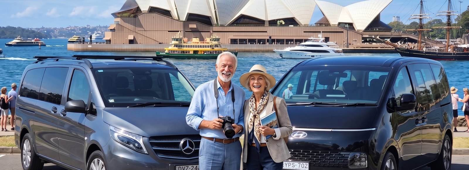 Happy senior couple on a private Sydney tour — two luxury vans at the Opera House and harbour