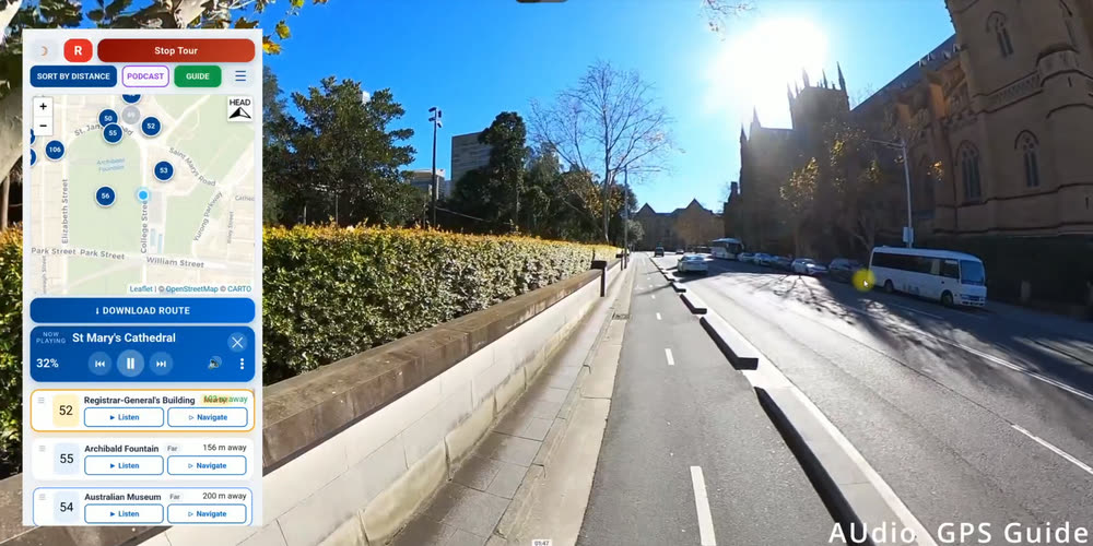 Self-drive audio guide interface with heading-up map playing the St Mary's Cathedral story while driving along College Street
