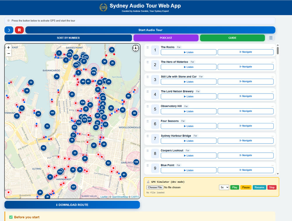 Design mode of the audio guide showing every trigger circle and direction vector on the map, with the GPX route simulator panel open