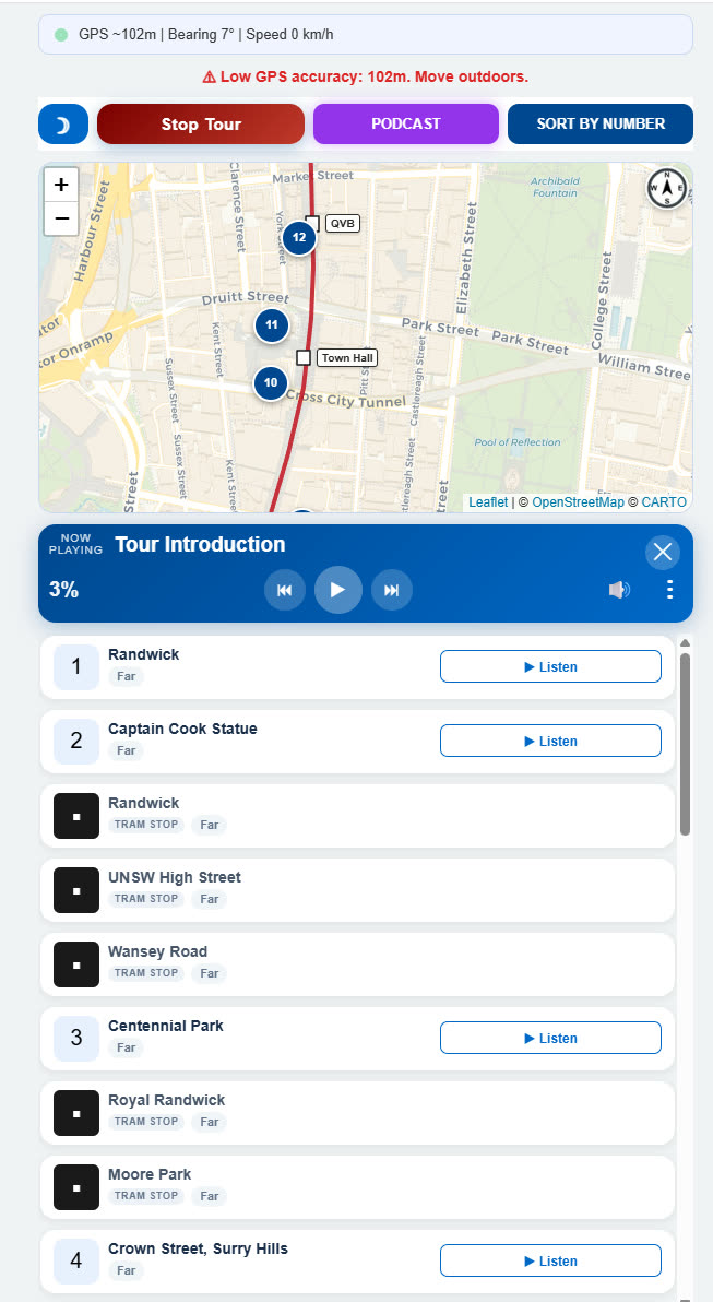 Mobile view of the tram guide list mixing numbered attractions with light rail stop markers