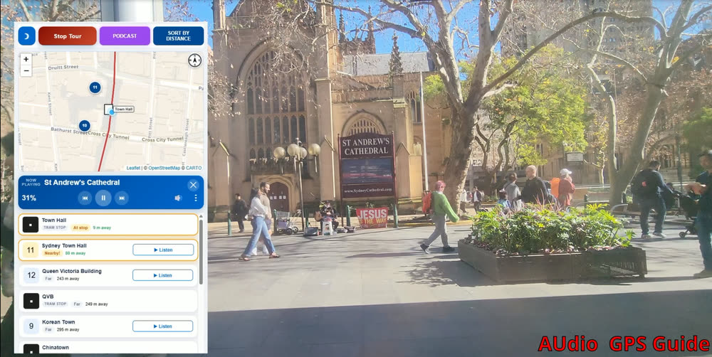 Sydney tram audio guide interface playing the St Andrew's Cathedral story while approaching Town Hall stop