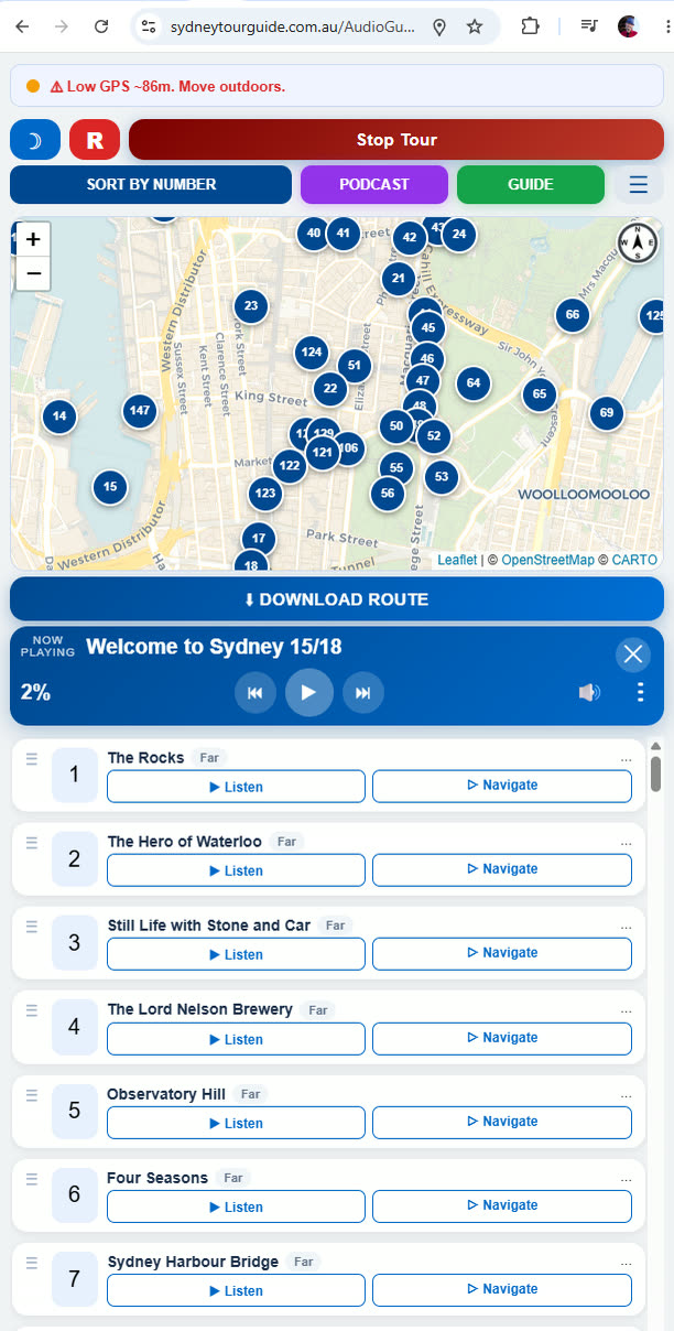 Mobile Sydney audio guide interface with numbered attraction cards, Listen and Navigate buttons and the podcast player