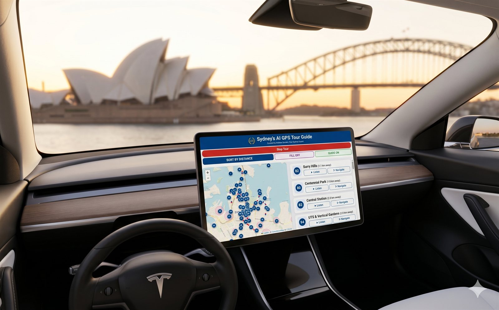 Sydney Audio Tour Web App running on a Tesla Model 3 dashboard at Sydney Harbour during golden hour